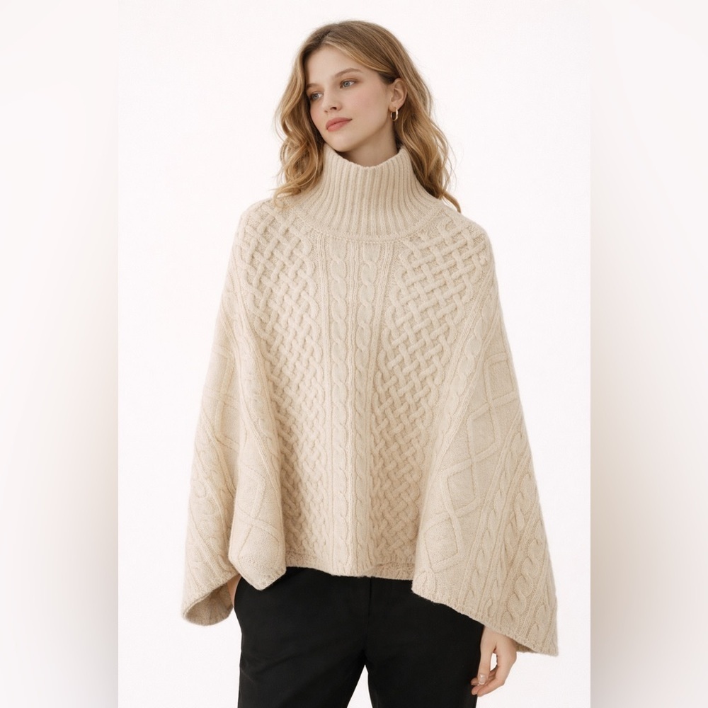 Chunky Cable Knit Turtleneck Cape Sweater Cream XS Cozy Oversized Poncho